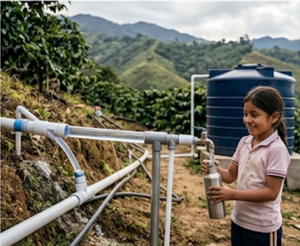 Niña en acueducto rural con tanque de agua potable en zona cafetera
