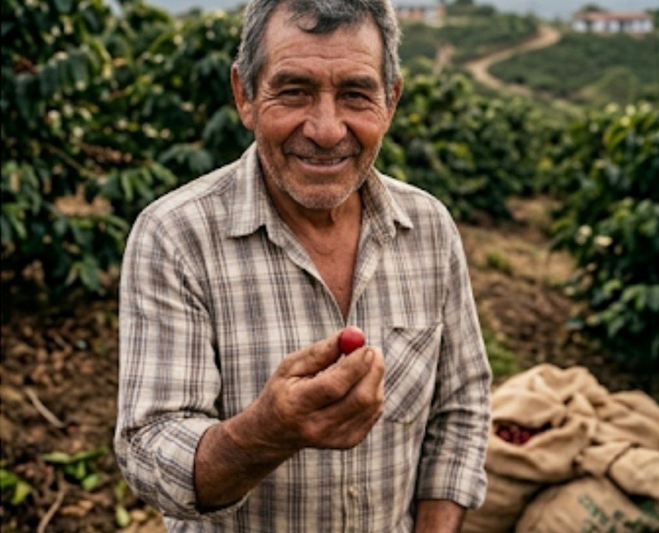 Caficultor huilense mostrando cereza de café en su finca