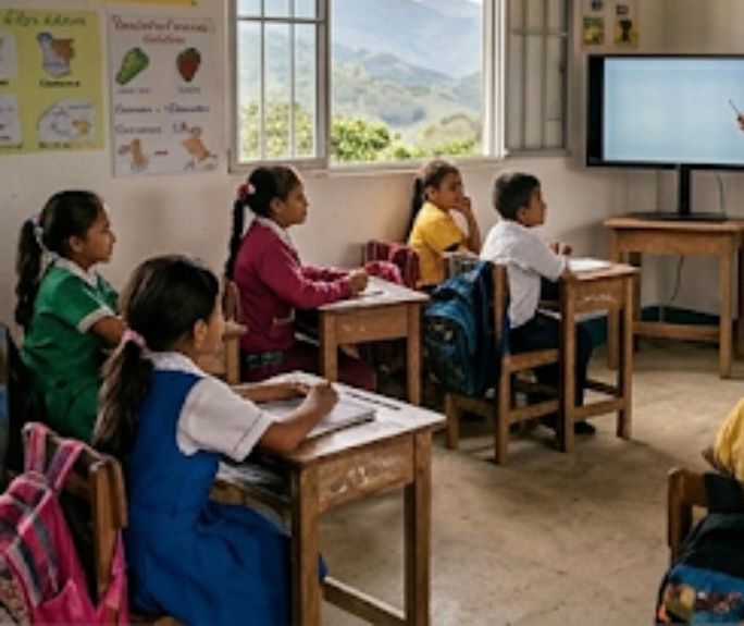 Estudiantes de escuela rural en el aula con vista a las montañas del Huila