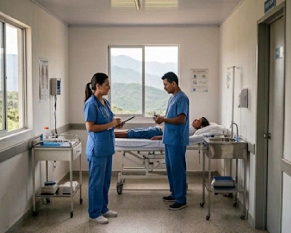 Personal médico atendiendo a un paciente en hospital rural del Huila