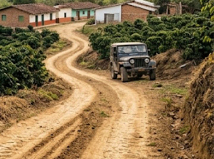 Vía terciaria rural del Huila con jeep y cafetales